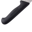 Close-up of the black ergonomic handle on the Messermeister Pro Series Kullens Carving Knife - 10", showing part of its high-carbon stainless steel blade, textured grip, and the Messermeister brand embossed on the side.