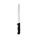 The Messermeister Pro Series Kullens Carving Knife - 10" features a scalloped high-carbon stainless steel blade with Kullens for reduced friction and a black ergonomic handle, shown against a plain white background.