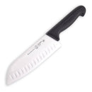The Messermeister Pro Series Kullens Santoku Knife - 7" features a high-carbon stainless steel blade with oval cut-outs and a black handle, designed for precise chopping and slicing in the kitchen.