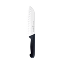 The Messermeister Pro Series Kullens Santoku Knife - 7" by Messermeister features a high-carbon stainless steel blade with scalloped indentations and a black ergonomic handle, displayed against a plain white background.