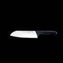 The Messermeister Pro Series Kullens Santoku Knife - 7" features a black handle and a high-carbon stainless steel blade with oval Kullens indentations, shown against a plain black background for smooth slicing.