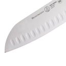 Close-up of the Messermeister Pro Series Kullens Santoku Knife - 7": high-carbon stainless steel blade features the Messermeister logo, NSF certification, and signature oval granton (Kullens) edge indentations.