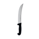 The Messermeister Pro Series Kullens Scimitar - 10" is a German stainless steel chef’s knife with a black ergonomic handle and long, curved blade featuring oval indentations, shown against a plain white background.