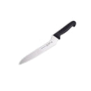 The Messermeister Pro Series Offset Scalloped Slicer - 8" features a long German steel blade and a black ergonomic handle, displayed on a white background.