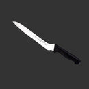 The Messermeister Pro Series Offset Scalloped Slicer - 8” features a German steel blade and black handle, displayed on a dark grey background. Its serrated edge ensures precise slicing, making it ideal for any kitchen.