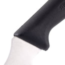 Close-up of the Messermeister Pro Series Offset Scalloped Slicer - 8" featuring a black ergonomic handle and shiny German steel blade, set against a white background.