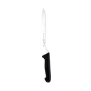 The Messermeister Pro Series Offset Scalloped Slicer - 8" features a long, narrow German steel blade and a black ergonomic handle, shown on a plain white background.