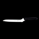 The Messermeister Pro Series Offset Scalloped Slicer - 8", featuring an ergonomic black handle and German steel blade, is displayed on a solid black background.