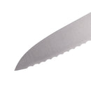 Close-up of the Messermeister Pro Series Offset Scalloped Slicer - 8," featuring an ergonomic design and serrated German steel blade, perfect for precise slicing, shown against a white background.
