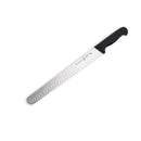 The 12" Messermeister Pro Series Round-Tip Kullens Slicer, featuring a black handle and oval indentations along the blade, is displayed on a white background.