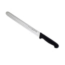 The Messermeister Pro Series Round-Tip Kullens Slicer - 12" features a scalloped German stainless steel blade and black ergonomic handle, displayed on a white background.