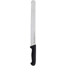 The Messermeister Pro Series Round-Tip Kullens Slicer - 12" features a long, narrow German stainless steel blade with shallow oval indentations and a black handle.
