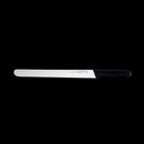 The Messermeister Pro Series Round-Tip Kullens Slicer - 12", featuring a black handle and silver German stainless steel blade, is displayed on a black background.