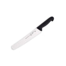 The Messermeister Pro Series Scalloped Baker's Knife - 10" by Messermeister, featuring a black ergonomic handle and a scalloped white blade for precision cutting, rests on a plain white background.