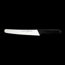 The Messermeister Pro Series Scalloped Baker's Knife - 10", featuring a long silver blade and black handle, is displayed on a black background—perfect for any baker’s kitchen.