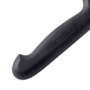 Close-up of a black, textured plastic handle with a curved end and "MESSERMEISTER" embossed on it, belonging to the Messermeister Pro Series Scalloped Baker's Knife - 10", designed for professional baking.