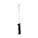 The Messermeister Pro Series Scalloped Baker's Knife - 10" features a long, straight stainless steel blade and black ergonomic handle, ideal for professional baking, shown on a plain light gray background.