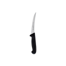 The Messermeister Pro Series Semi-Flex Curved Boning Knife - 6", featuring a narrow German stainless steel blade and ergonomic black handle, is shown against a plain white background.
