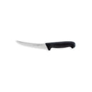 The Messermeister Pro Series Semi-Flex Curved Boning Knife - 6" features a narrow German stainless steel blade and a black ergonomic handle, displayed on a white background.
