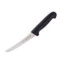 The Messermeister Pro Series Semi-Flex Curved Boning Knife - 6", by Messermeister, features a long, narrow German stainless steel blade and a black ergonomic handle, shown on a white background.