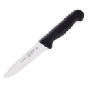 The Messermeister Pro Series Spear Point Paring Knife - 4" features a black handle, a silver German stainless steel blade with Messermeister branding, and is displayed on a plain white background.