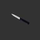 The Messermeister Pro Series Spear Point Paring Knife - 4" with a black handle, made from German stainless steel, is centered on a plain dark gray background.