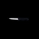 The Messermeister Pro Series Spear Point Paring Knife - 4", featuring a German stainless steel blade and a black ergonomic handle, is shown against a plain black background.