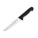 The Messermeister Pro Series Stiff Boning Knife - 6" features a sharp, narrow German stainless steel blade and a black ergonomic handle, perfect for precise deboning of meat and fish.