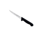 The Messermeister Pro Series 6" Stiff Boning Knife features a narrow German stainless steel blade and a black handle, displayed on a white background.