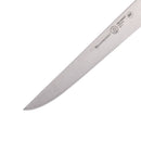 Close-up of the Messermeister Pro Series Stiff Boning Knife - 6", crafted from German stainless steel, highlighting its sharp pointed tip and etched Messermeister branding on the blade.