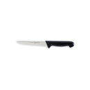 The Messermeister Pro Series Stiff Boning Knife - 6" is a German stainless steel knife with a narrow, pointed blade and a black plastic handle, shown on a white background.