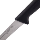A close-up of the Messermeister Pro Series Stiff Boning Knife - 6" shows its black handle, German stainless steel blade, brand logo, and NSF certification engraving.