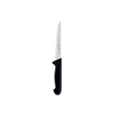 The Messermeister Pro Series Stiff Boning Knife - 6" features a straight, narrow German stainless steel blade and a black handle, displayed against a plain white background.