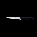 The Messermeister Pro Series Stiff Boning Knife - 6" features a sharp, narrow German stainless steel blade and a black ergonomic handle, displayed against a solid black background.