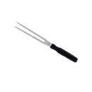 A Messermeister Pro Series Straight Carving Fork - 7" with two stainless steel tines and a black handle, from Messermeister, shown on a white background.