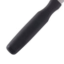 Close-up of a black plastic Messermeister Pro Series Straight Carving Fork 7" handle against a white background. The stainless steel tines are partially visible at the top right corner.