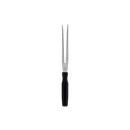 A Messermeister Pro Series Straight Carving Fork - 7", crafted from stainless steel with two long tines and a black handle, is displayed centered on a plain white background.