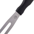 A close-up of the Messermeister Pro Series Straight Carving Fork - 7" shows its black handle, two stainless steel prongs, and stamped logo at the base. The carving fork is set against a white background.