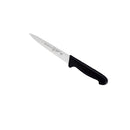 The Messermeister Pro Series Utility Knife - 6" features a slim, straight German stainless steel blade and a black handle, shown on a white background.
