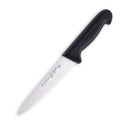 The Messermeister Pro Series Utility Knife - 6" by Messermeister is crafted from German stainless steel with a straight blade and a black ergonomic handle, displayed against a white background.