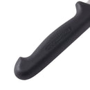 Close-up of the Messermeister Pro Series Utility Knife - 6" featuring a black ergonomic handle with a curved end for a secure grip and the Messermeister brand name subtly embossed on the side.