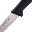 Close-up of the Messermeister Pro Series Utility Knife - 6" featuring a black handle, German stainless steel blade, and visible brand markings with "Pro Series" and "NSF" on the blade.