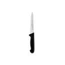 The Messermeister Pro Series Utility Knife - 6" features a slim, pointed German stainless steel blade and a black ergonomic handle, shown vertically against a plain white background.