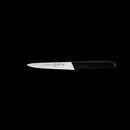 The Messermeister Pro Series 6" Utility Knife, featuring a black handle and German stainless steel blade, is centered on a black background.