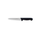 The Messermeister Pro Series Utility Knife - 6" features a straight, narrow German stainless steel blade and a black ergonomic handle by Messermeister, shown on a white background.