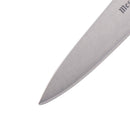 Close-up of the pointed tip and sharp edge of the Messermeister Pro Series Utility Knife - 6", crafted from German stainless steel, shown against a white background.
