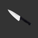 The Messermeister Pro Series Wide Chef's Knife - 6" features a black handle and German steel blade, making it an essential tool for any compact kitchen—combining strength and precision on a sleek dark gray background.