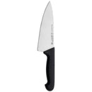 The Messermeister Pro Series Wide Chef's Knife - 6" features a premium German stainless steel blade and a black ergonomic handle, shown on a white background—an ideal choice for any compact kitchen.
