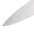 Close-up of the pointed tip and sharp edge of the Messermeister Pro Series Wide Chef’s Knife - 6" against a white background, perfect for any compact kitchen.