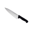 The Messermeister Pro Series Wide Chef's Knife - 8", featuring a stainless steel blade and black ergonomic handle, is shown on a white background.